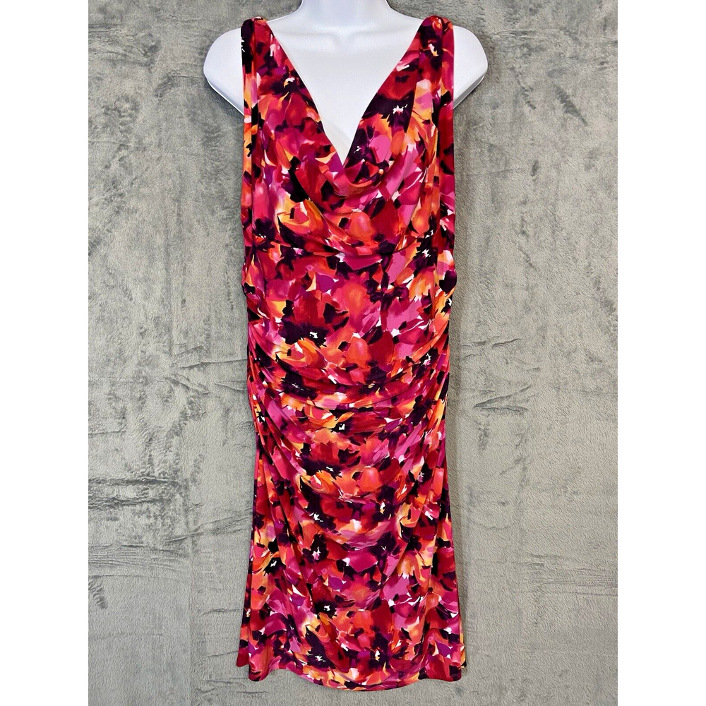 Lauren Ralph Lauren Dress Women Size 14 Red Pink Floral Sheath Sleeveless V Neck